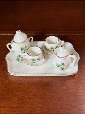 Vintage Lefton Mini Shamrock Tea Set 9 Pc Clover Gold Trim Collectible